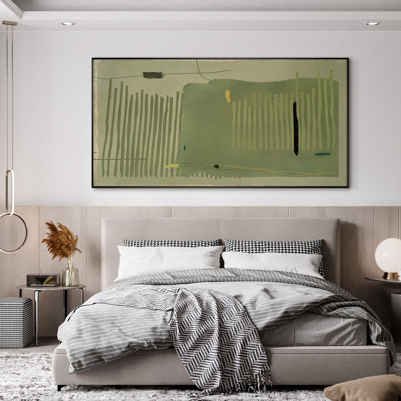 Très grand imprimé géométrique abstrait mural - œuvre d'art minimaliste verte et noire, décoration moderne pour le salon ou la chambre à coucher, assemblage de cadre requis