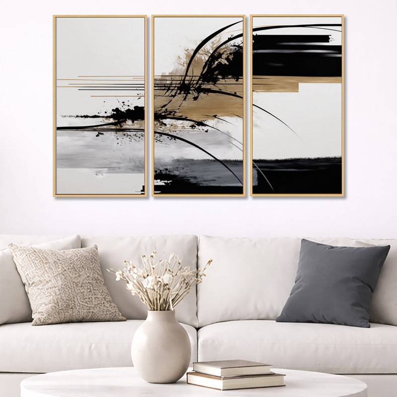 Avetik noir, blanc et or Expression II - ensemble d'art mural moderne sur toile, Impression encadrée, H 32 po x l 48 po