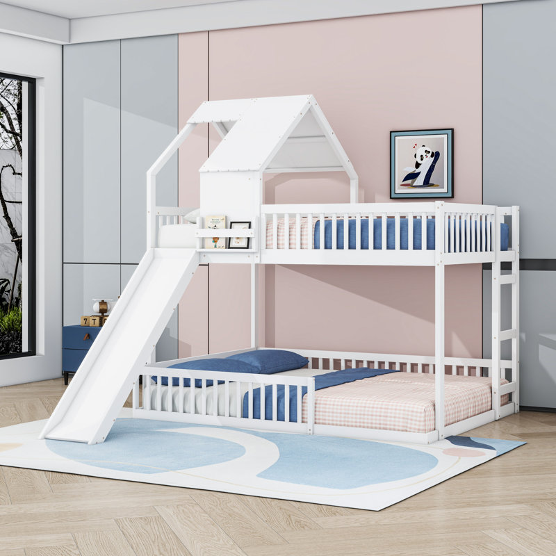 Full XL over Queen House Bunk Bed with Slide and Guardrails, White