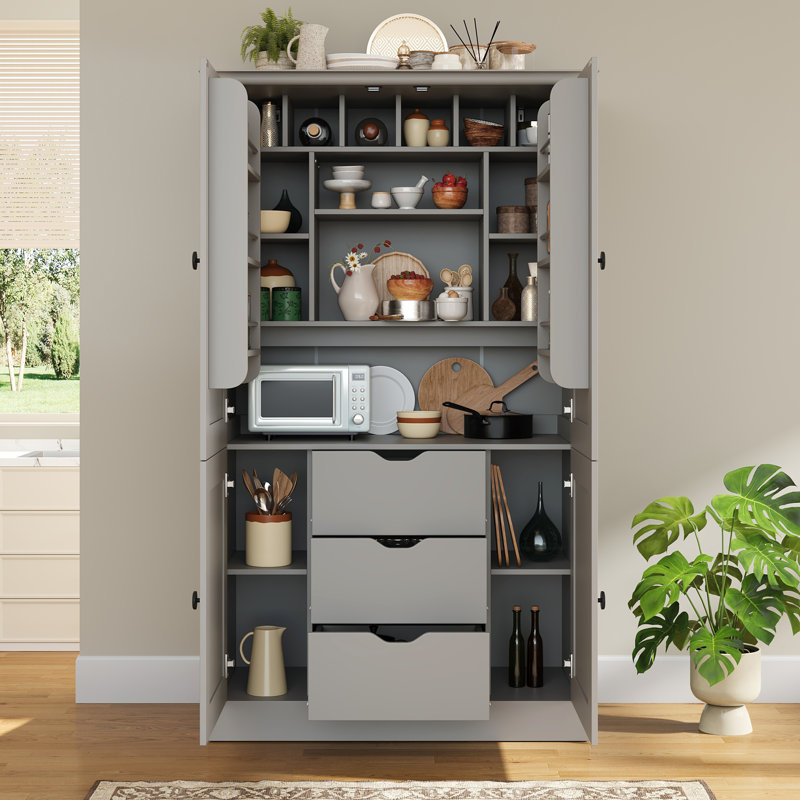 Armoire de cuisine autoportante, poste de travail de rangement haut avec 4 portes, 3 tiroirs, 6 tablettes de porte, tablettes amovibles et 6 supports à vin pour la salle à manger