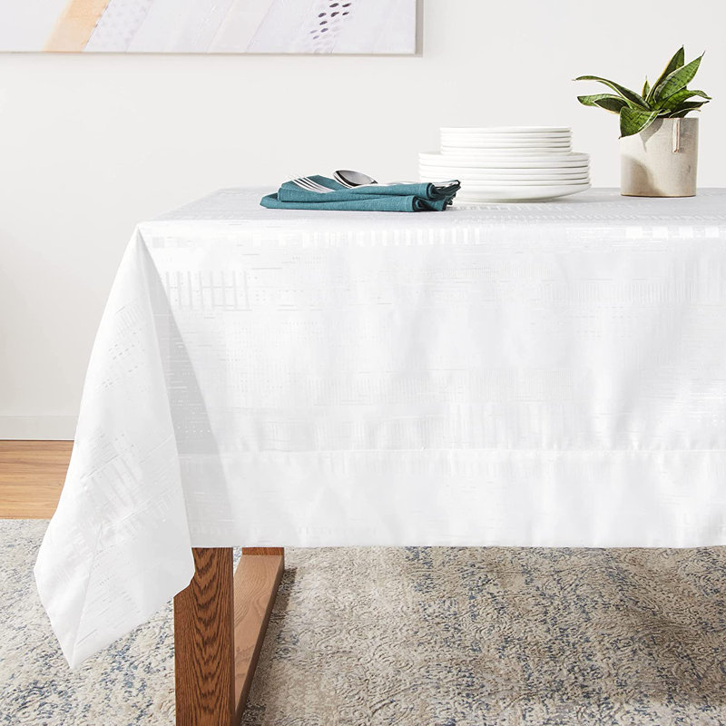 Violet Linen Glory Modern Abstract Border Pattern, Polyester, Heavyweight Engineered Jacquard Fabric, Dining Room, Party Banquet And Holiday, White , 60 Inch By 95 Inch, Seats 6 To 8 People, Rectangular Tablecloths