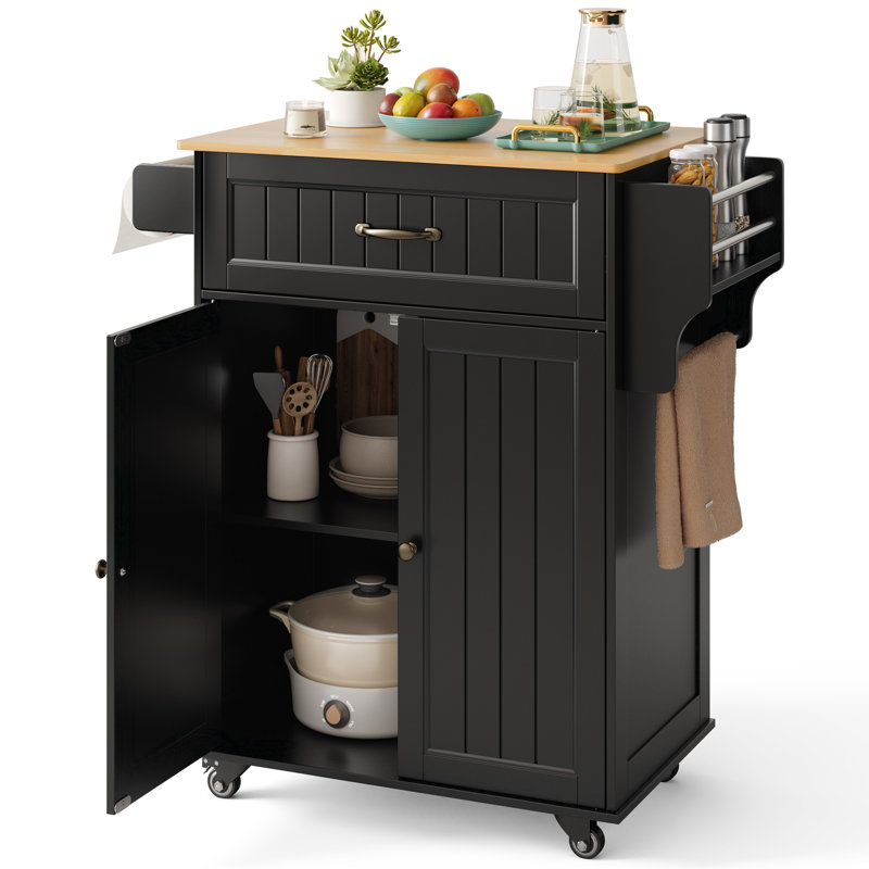 Solid Wood Top Rolling Kitchen Cart with Drawer, Storage Cabinet, Adjustable Shelf, Locking Wheels, Spice Rack & Towel Rack