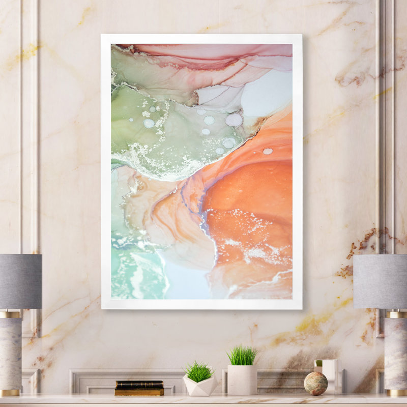 Art liquide, ondulations en vert et orange - reproduction d'art moderne sur toile, Cadre photo blanc