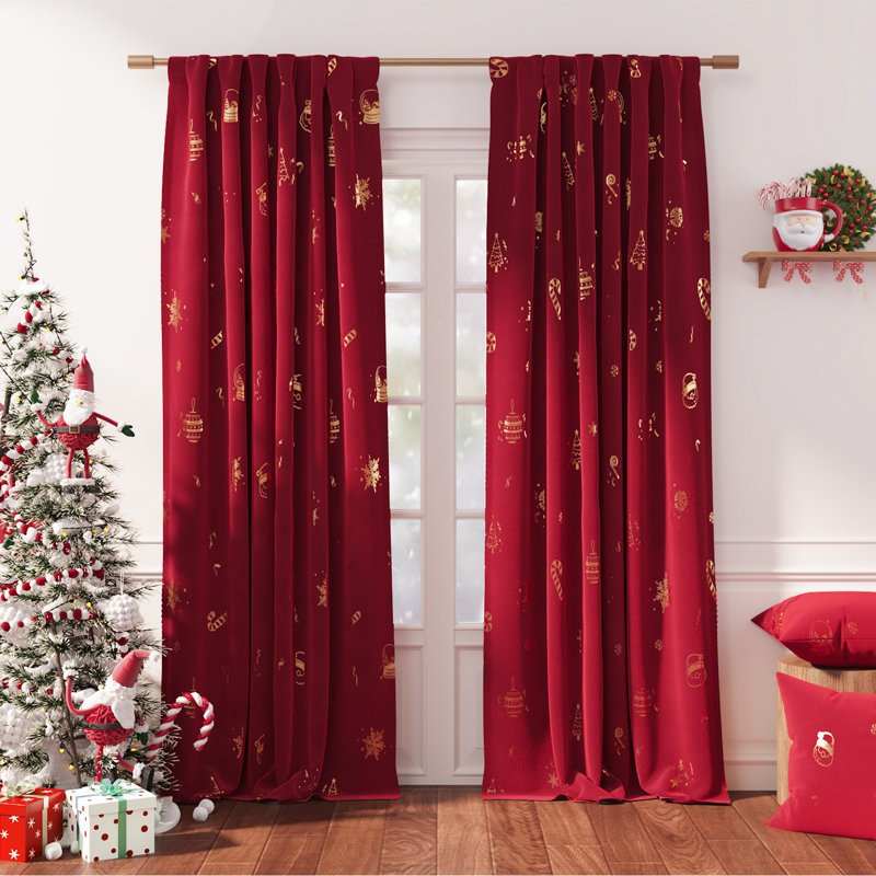 Christmas Snowflake Rod Pocket Velvet Curtains for Living Room, 52" W x 96" L, Golden Foil/Red