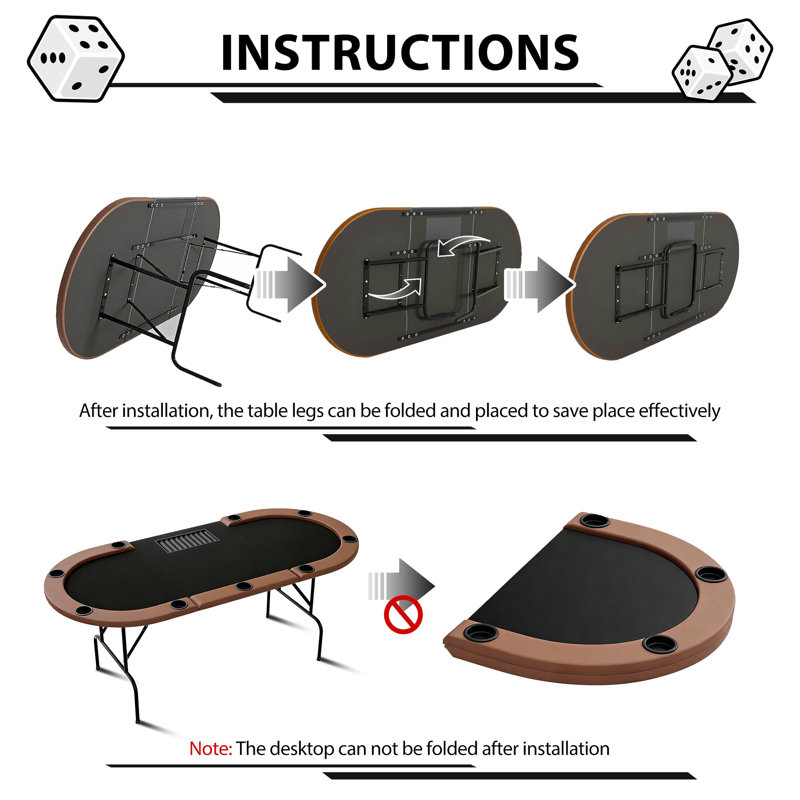 Table de poker ovale avec pieds pliables, plateau de jetons de poker, rails rembourrés et porte-gobelets