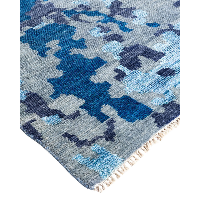 Modern Blue and Gray Hand-Knotted Wool Silk Area Rug