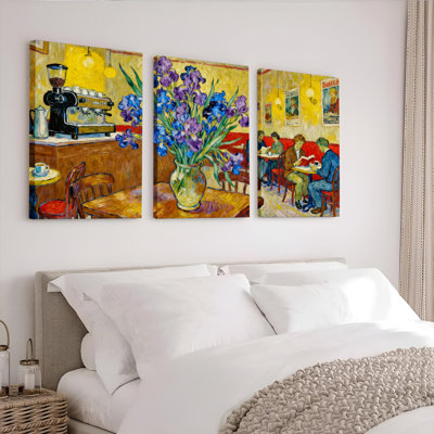 Van Gogh Style Cafe Interior with Irises Canvas Wrapped Wall Art Oil Painting Print Set of 3