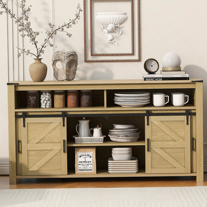 Accent Cabinet, Sideboard With Sliding Barn Door, Farmhouse Buffet With Open Storage For Living Room, Hallway,Kitchen, Office
