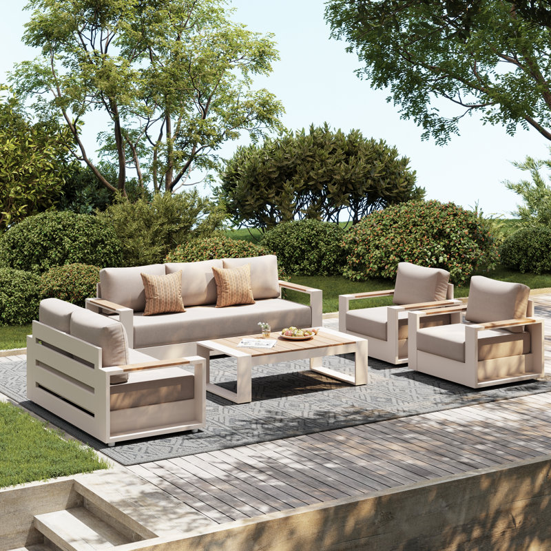 Ensemble de conversation d'extérieur 5 pièces avec chaises pivotantes, 4 Pcs: Table, Loveseat, 2 Chairs, Cream, Beige
