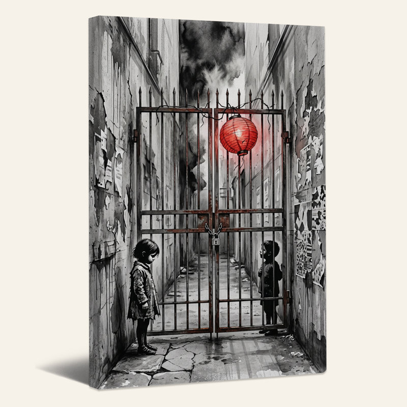 Tableau sur toile représentant deux enfants debout près d'une porte rouillée avec une lanterne rouge, 40"H x 28"W