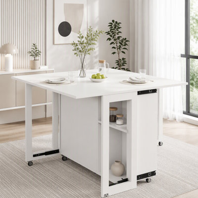 Three-in-one side table with 4 large storage shelves, 41-inch foldable dining table, multi-functional side table
