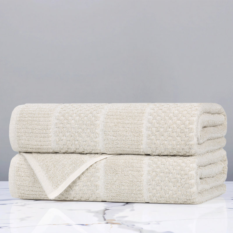 Naples Viscose Cotton Blend Medium Weight Textured Checkered and Ribbed Bath Towels, Beige
