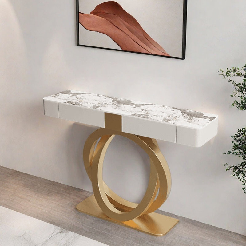 Console Nordic Light Luxury, H 36,2 po x l 39,4 po x P 13,8 po, Blanc cassé, Doré