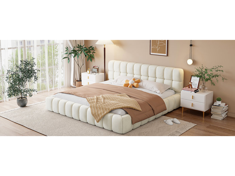 King Size Upholstered Platform Bed With Thick Fabric, Grounded Bed With Solid Frame, Beige, Beige