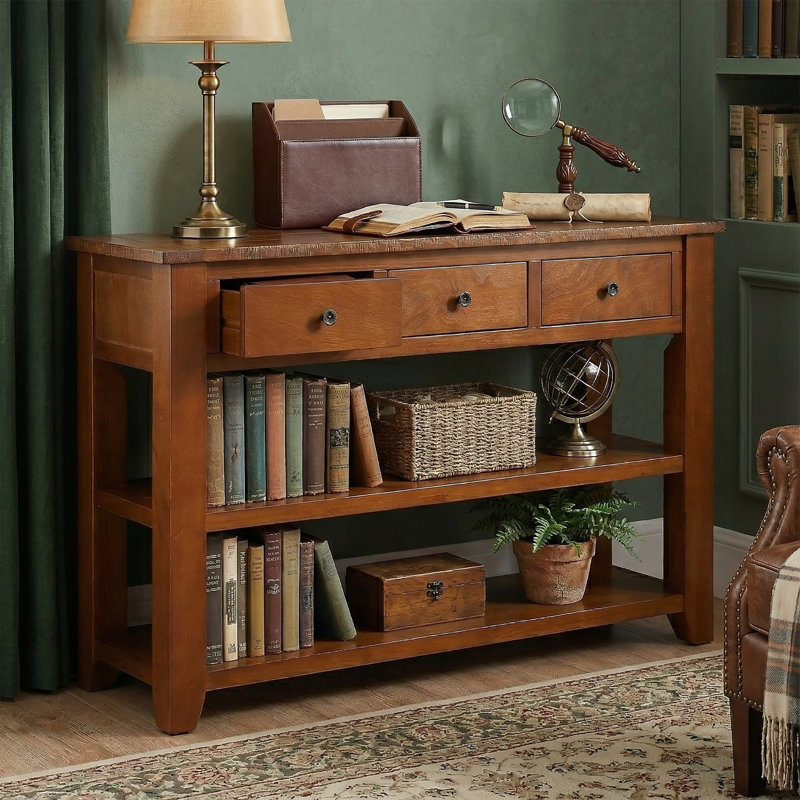 Aitzol Mid-Century Style Console Table with Wood Legs, Shelves, Drawers for Entryway
