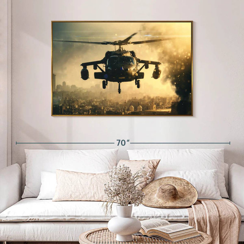Hélicoptère militaire noir, 46 po x 31 po, Cadre flottant doré