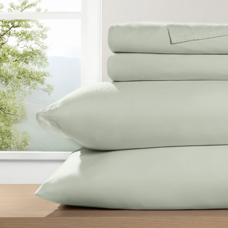 100% Cotton Percale Brushed & Washed 4 Piece Sheet Set, Queen Sheet Set with 2 Pillowcases, Green Haze