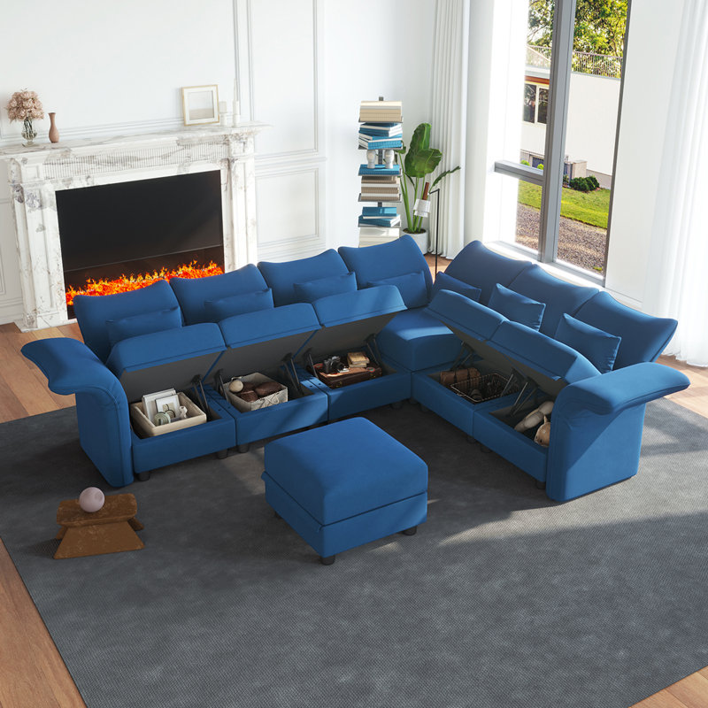 Ahren Velvet Reclining L-Shaped Sectional Reversible, Blue Velvet