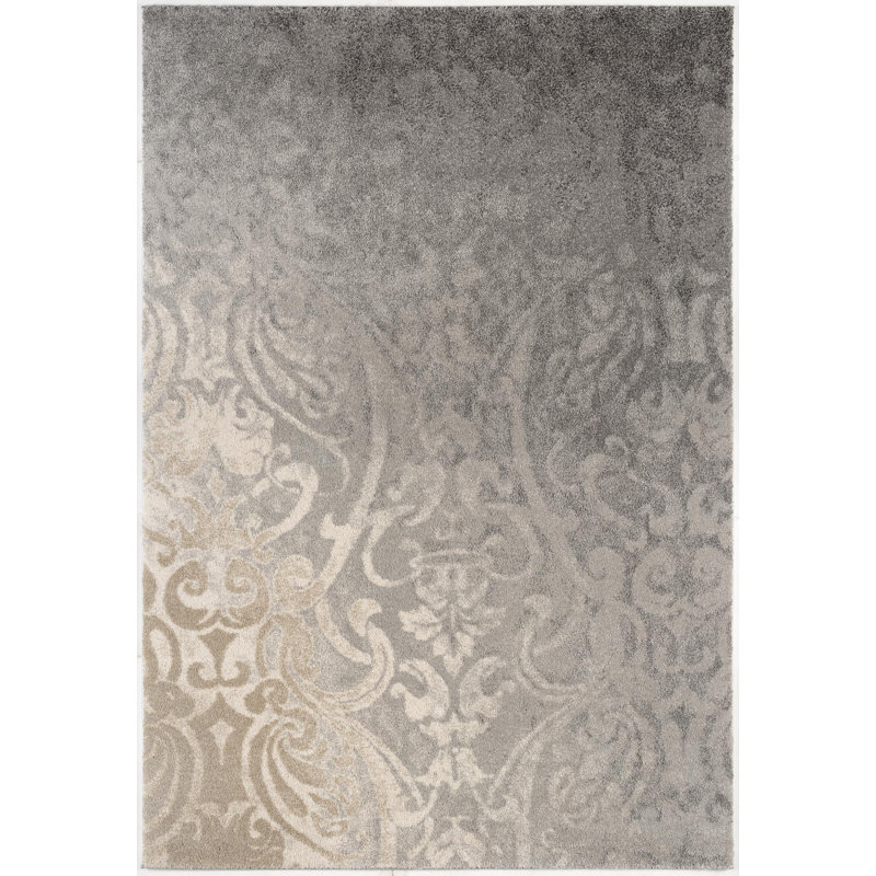 4' X 6' Grey And Ivory Damask Area Rug