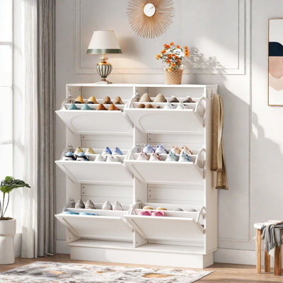 Narrow Tipping Bucket Shoe Cabine With 6 Flip Drawers, Adjustable Shelf And 3 Silvery Hooks