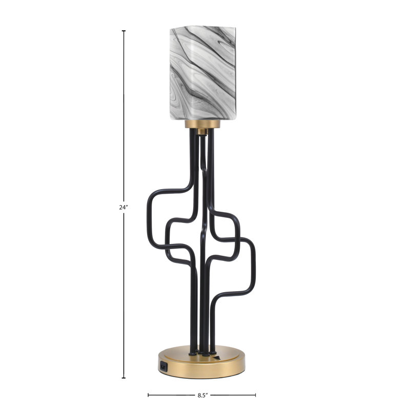 Lampe décorative Amarmula, avec ports USB, fini noir mat et laiton vieilli, verre onyx carré de 3,5 po, Doré