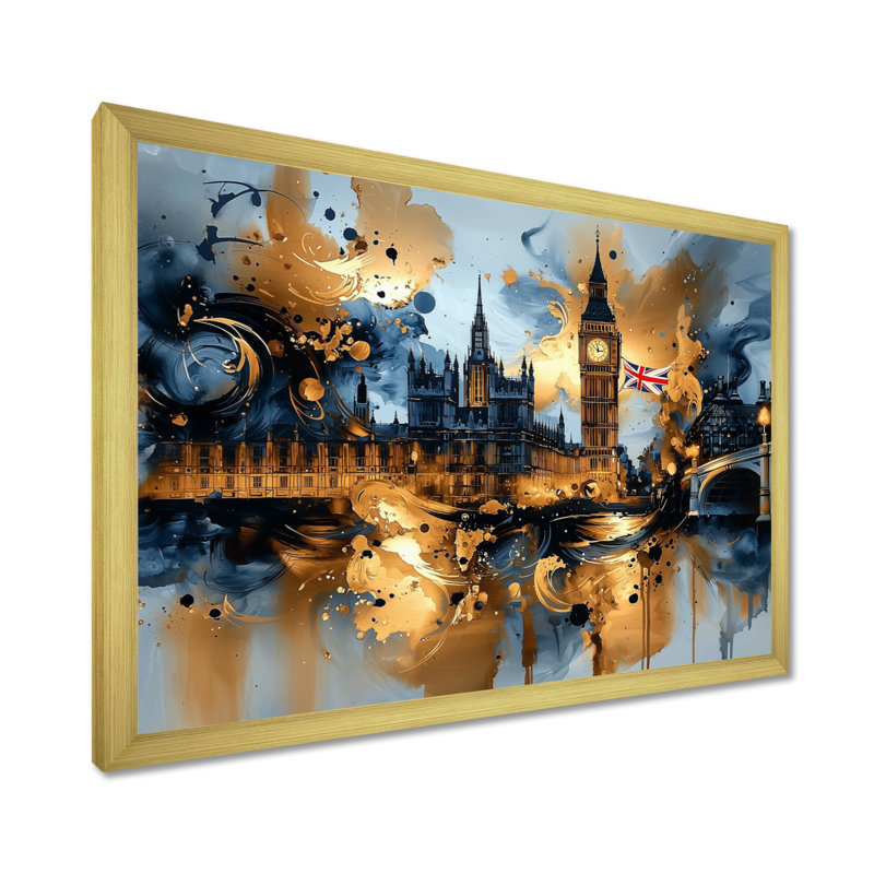 London Big Ben Glow On Gold IV - art mural de Londres, H 24 po x l 32 po, Reproduction encadrée d'une seule photo, Doré