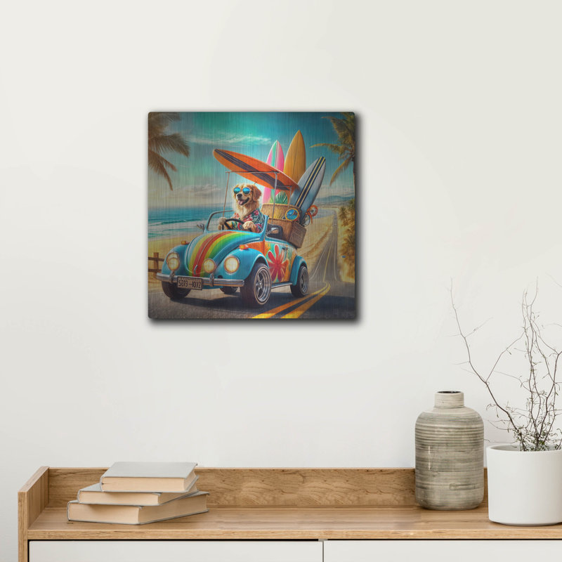Art mural en métal Trinx «Beach Dog Surf» par Rey Klimt, H 12 po x l 12 po