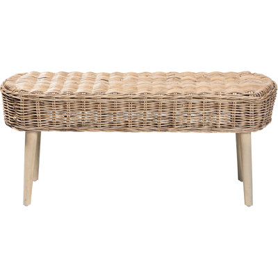 Banc bohème fabriqué à la main avec siège ovale tissé, conception ajourée, pieds fuselés, fait de bois, gris, largeur 44,5 po, profondeur 16,69 po, hauteur 18,16 po, poids lourd 18,43 lb - en forme de main