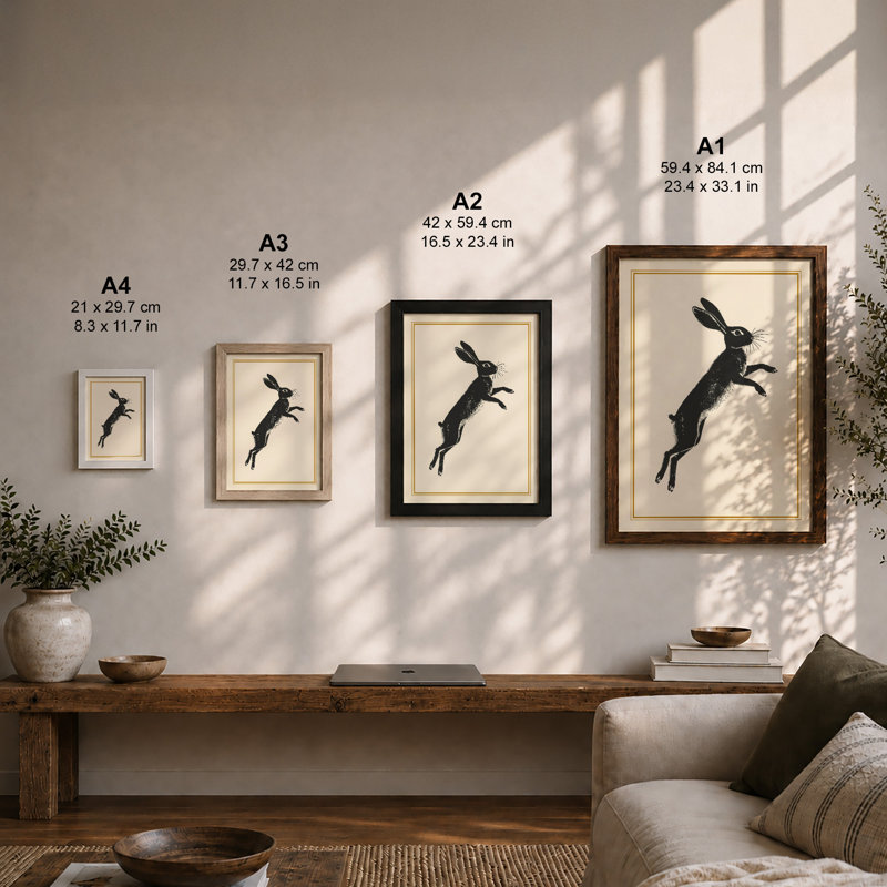 Leaping Hare Minimalist - Framed Print, Walnut, A3 - 42.0 x 29.7 cm