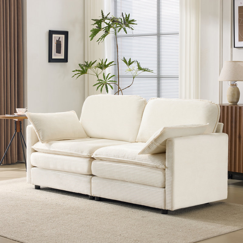 Canapé modulaire modulaire à 2 places avec coussins en chenille beige de 22 po + 2 coussins décoratifs - Taille compacte pour appartement, salon, chambre à coucher