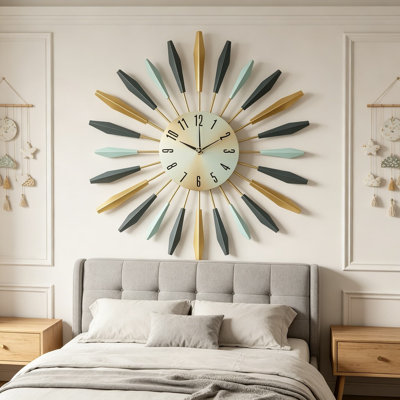 Vintage Mid-Century 28-Inch Wall Clock, Colorful Sunburst Metal Silent Decorative Clock for Home Office