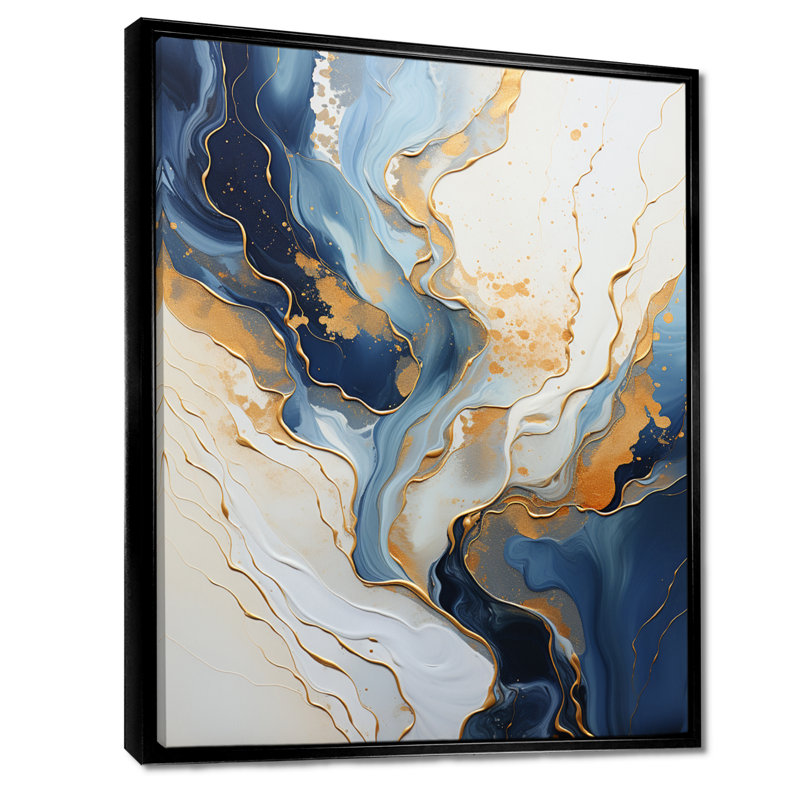 Sun Rays Ocean Blue White Gold III - Marble Wall Art Living Room, Toile avec cadre flottant noir, H 20 po x l 12 po x P 1 po