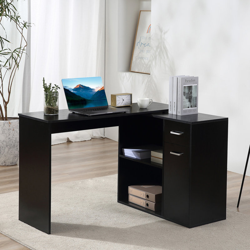 Bureau d'ordinateur en L, bureau d'angle rotatif à 180 ° avec tablettes de rangement