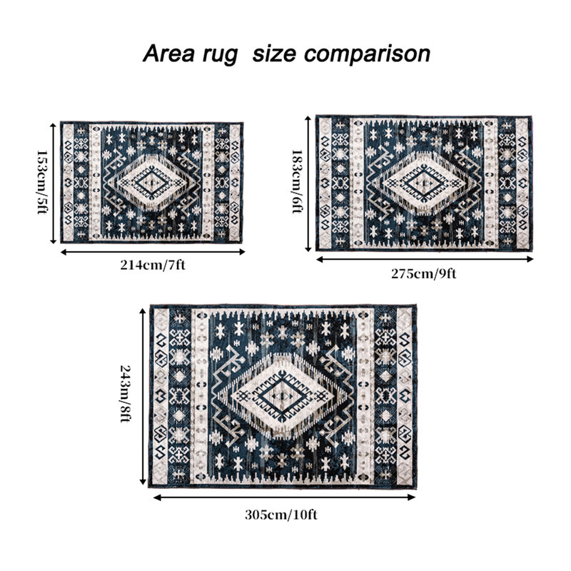 Vintage Area Rug - Machine Washable Non-slip For Bedroom, Kitchen Geometric Black/blue Design Blue/black