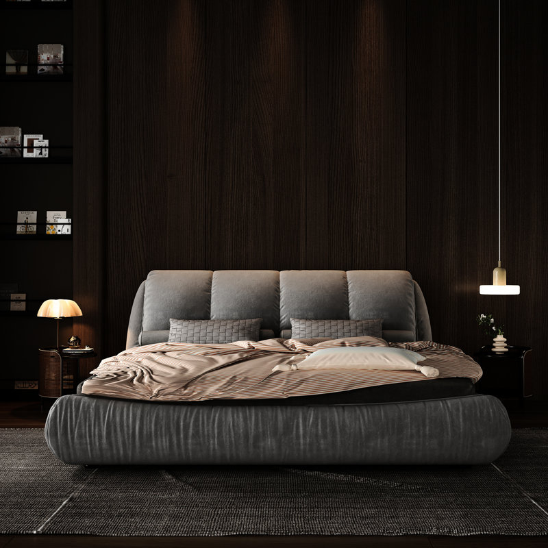 Lit plateforme gris avec rembourrage de forme et base en bois rembourré, Grand lit, Gris