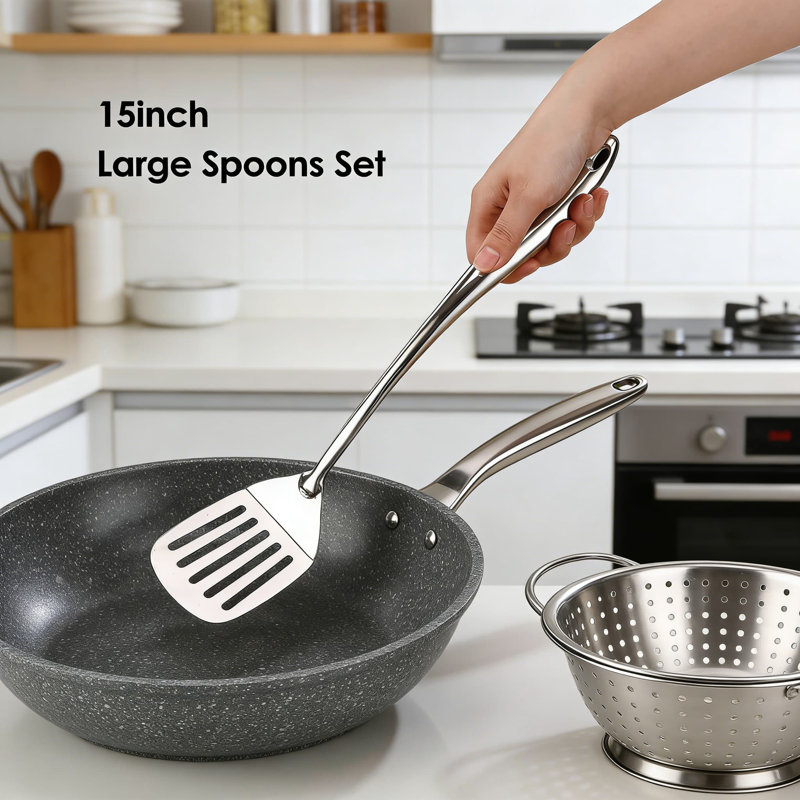 Ensemble d'ustensiles de cuisine 9 pièces en acier inoxydable de qualité professionnelle en acier inoxydable 18/10, fabrication monobloc forgée avec poli miroir, comprend une cuillère solide, une cuillère rainurée, une spatule, une louche, une écumoire, une fourchette, une cuillère à spaghetti et un Turner