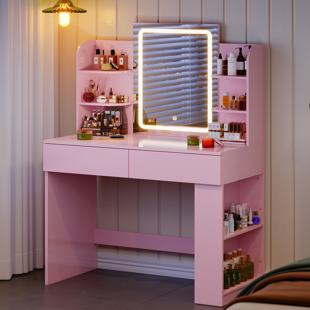 ?Glossy Pink Dressing Table With LED Light Mirror
