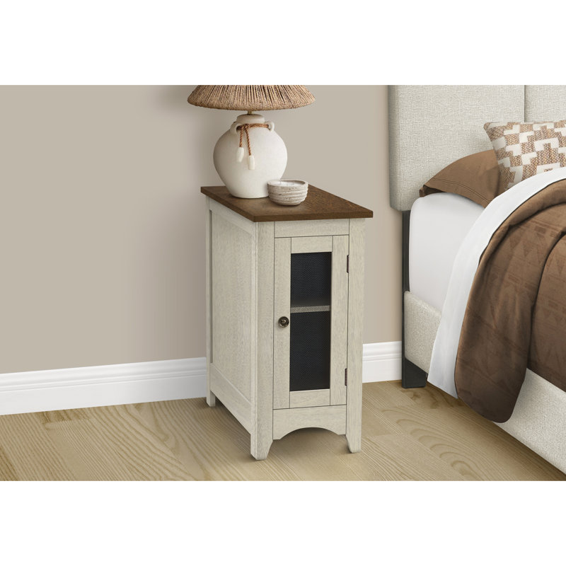 Table d'appoint avec tablette fixe: placage blanc et brun antique, étroit pour le salon de la chambre à coucher, espace de rangement facile à installer: bouton de porte en métal, nettoyage d'assemblage