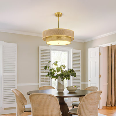 Luminaire suspendu tambour en rotin 17,27 po avec 3 lumières Boho pour salle à manger