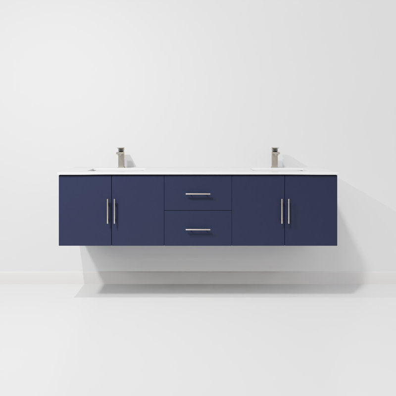 Geneva 72" Wall-Mounted Double Bathroom Vanity Set, Navy Blue, White Quartz