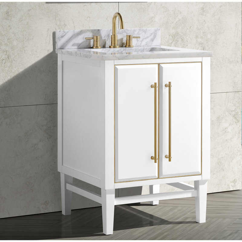 Mason 24" Single Bathroom Vanity with Carrara Marble Top, White, Carrara White, Matte Gold