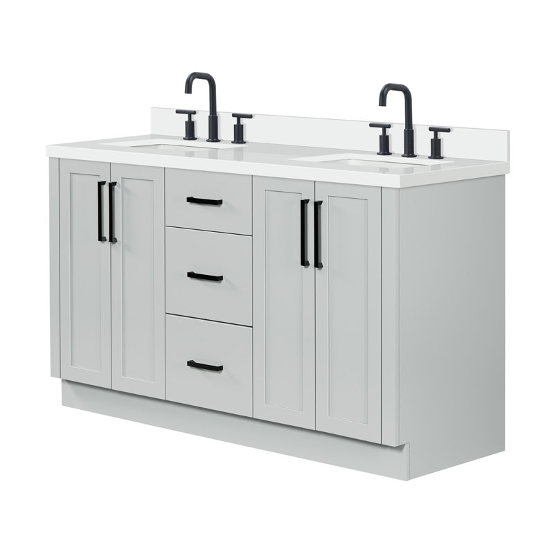 Meuble-lavabo double rectangulaire de 155 cm avec comptoir en quartz blanc pur de 3,8 cm d'épaisseur et finition grise., Gris
