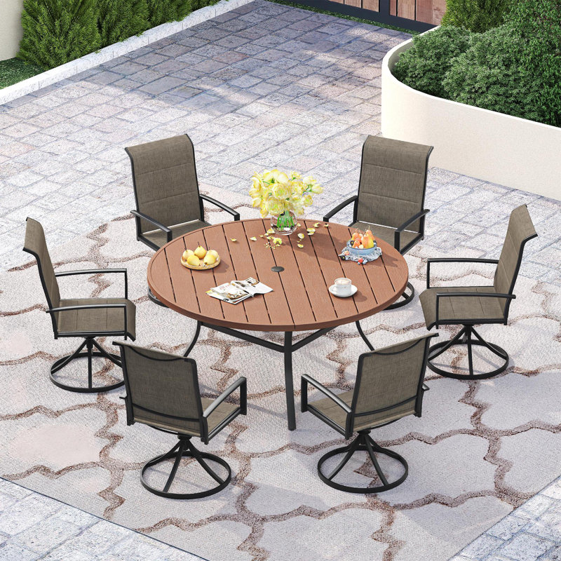 Round Patio Dining Set with 56"  Faux Wood Dining Table and Padded PVC-coated polyester Chairs, Brown/Brown