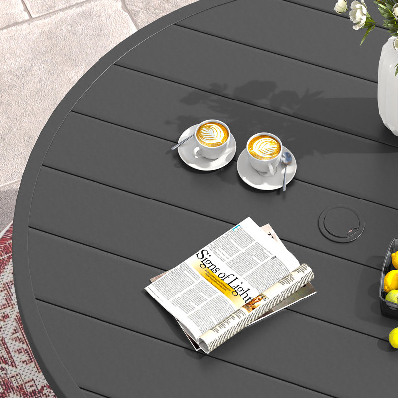 Outdoor Patio Dining Set - 41.7” Round Table with Umbrella Hole & Storage Shelf + 4 Swivel Chairs, Black/Navy