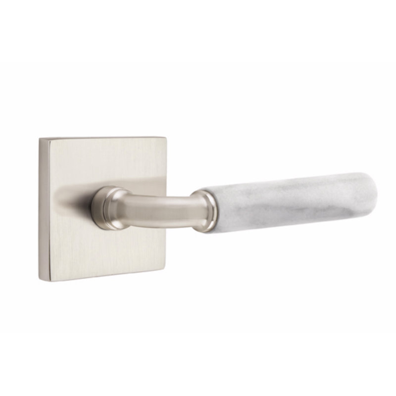 Ensemble de faux leviers Emtek Select, rosette carrée, tige en R et poignée en terrazzo clair, Nickel satiné / marbre blanc