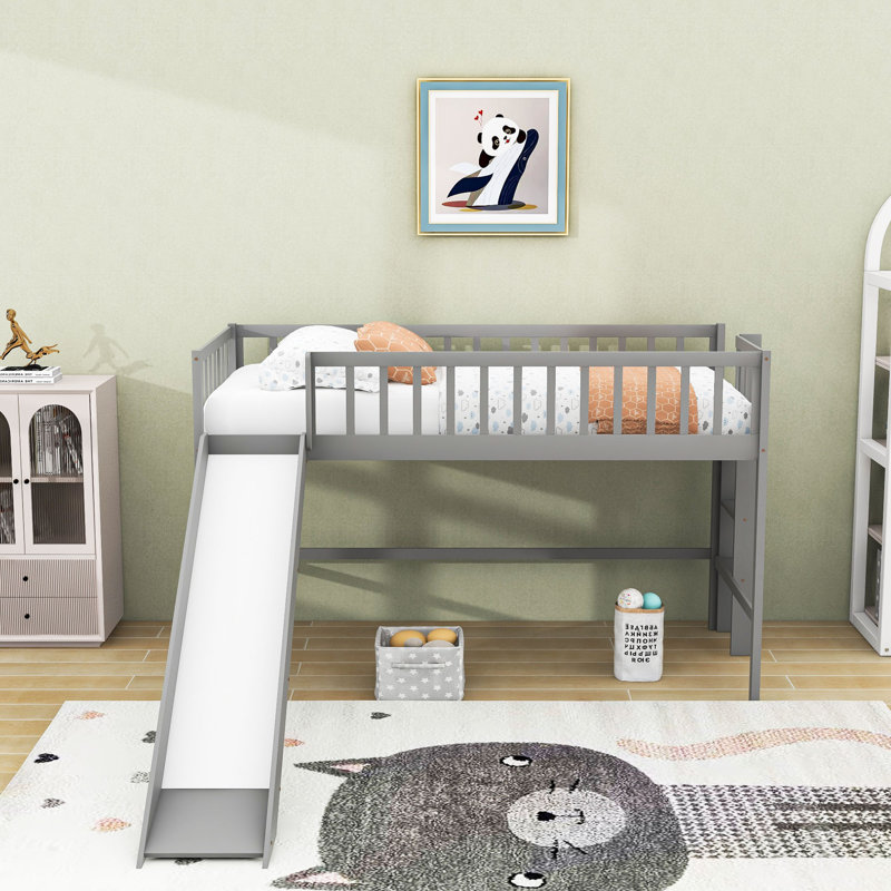 Wood Twin Low Loft Bed With Ladder, Slide And Guardrails, Gray