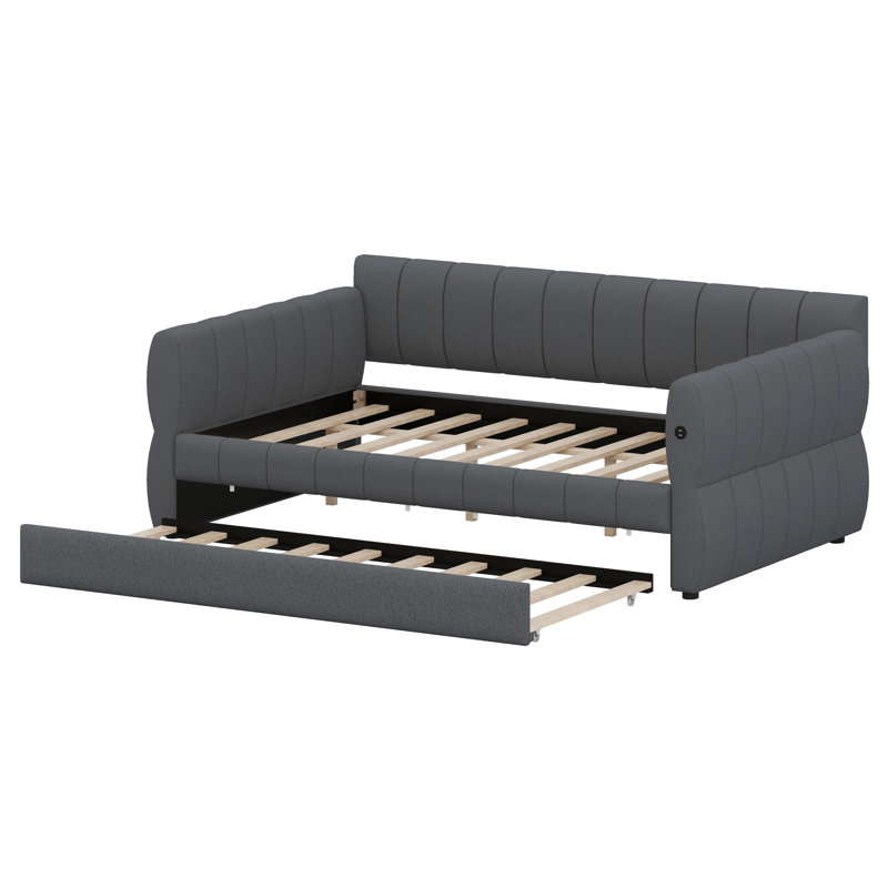 Lit tapissier moderne avec port USB intégré et lit gigogne caché, Gris