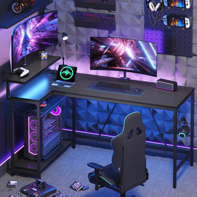 Nedyo 58.07'' LED Gaming Desk with Power Outlet, L-shaped Computer Desk with Monitor Stand