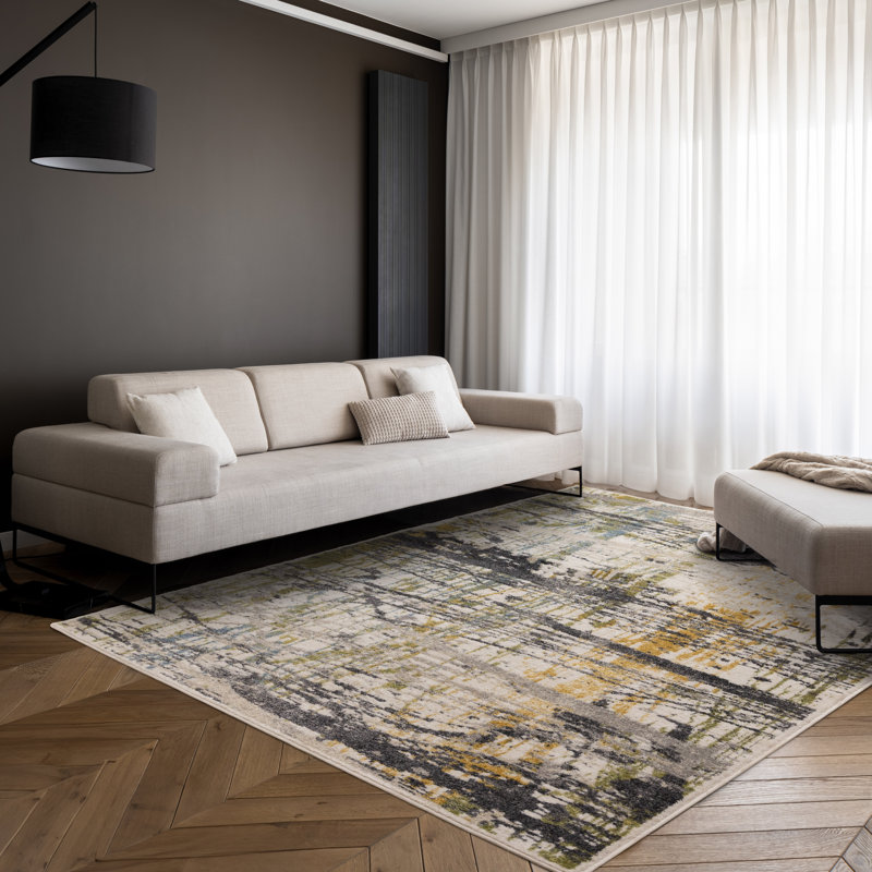 Tapis abstrait jaune et bleu Hoquiam, Rectangle 5 pi 3 po x 7 pi 7 po