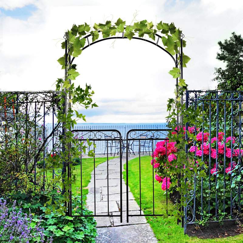 Arche de jardin en métal de 213 cm avec portail, treillis pour plantes grimpantes et décorations de mariage, version noire de qualité